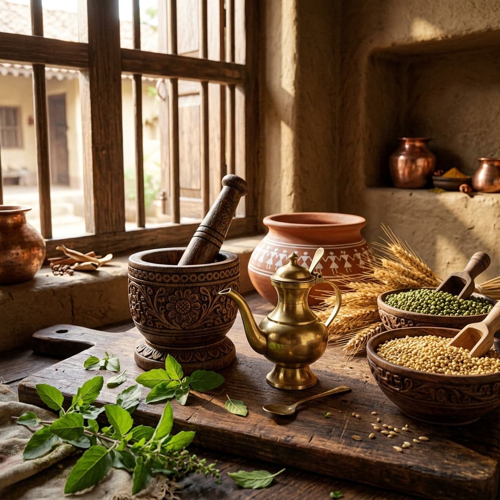 Vadik Parampara Authentic Handcrafted Wooden Mortar, Brass Diya, Terracotta Pot & Organic Harvest